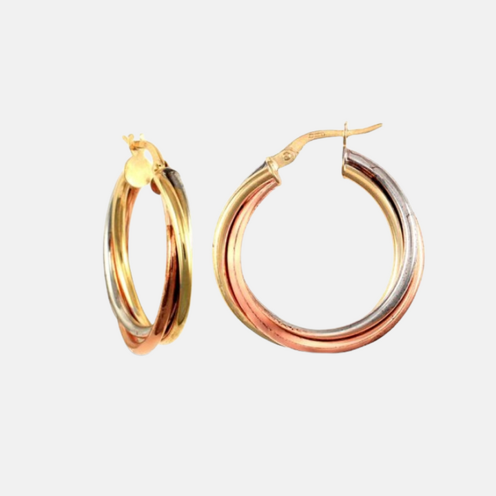 9ct Yellow, Rose & White Gold Trilogy Twist Hoop Earrings