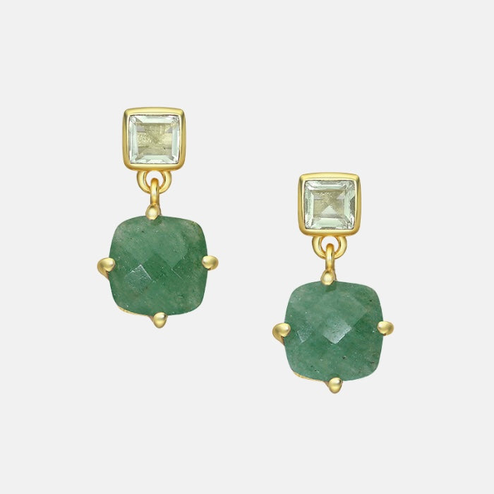 Petite Gemstone Drop Earrings - Peridot & Aventurine | Lemon + Smokey Quartz