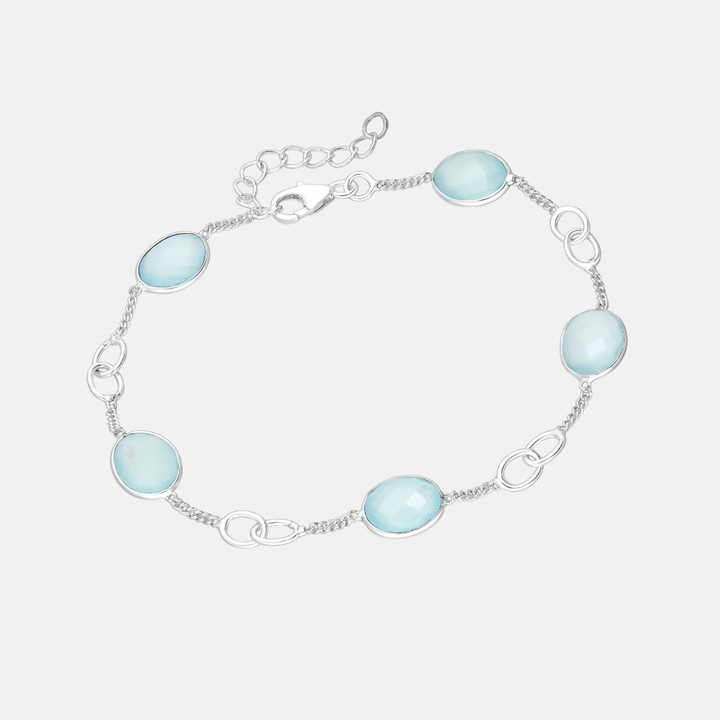 Cabochon Gemstones & Sterling Silver Link Bracelets - Aqua Chalcedony | Moonstone