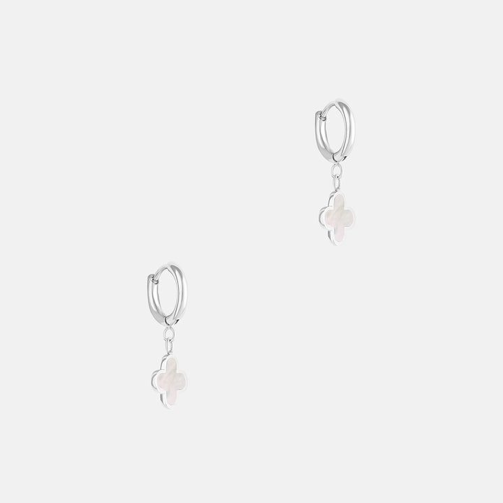 Lani Mother of Pearl Clover Charm Huggie Hoop Earrings - Steel | Gold Steel