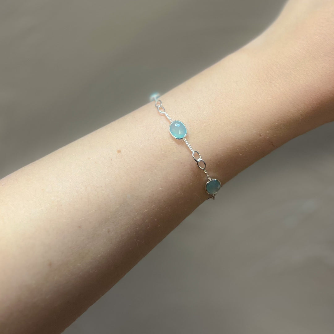 Cabochon Gemstones & Sterling Silver Link Bracelets - Aqua Chalcedony | Moonstone