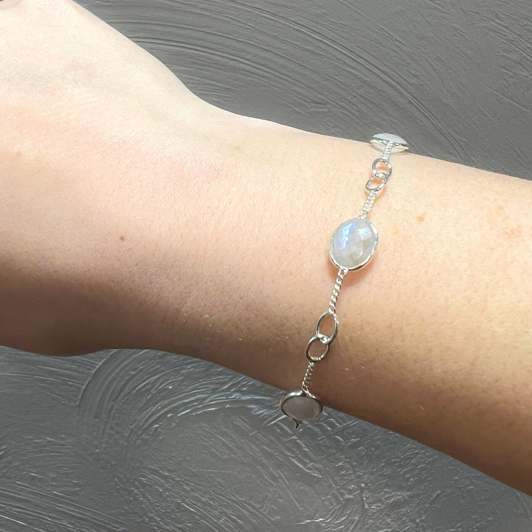 Cabochon Gemstones & Sterling Silver Link Bracelets - Aqua Chalcedony | Moonstone