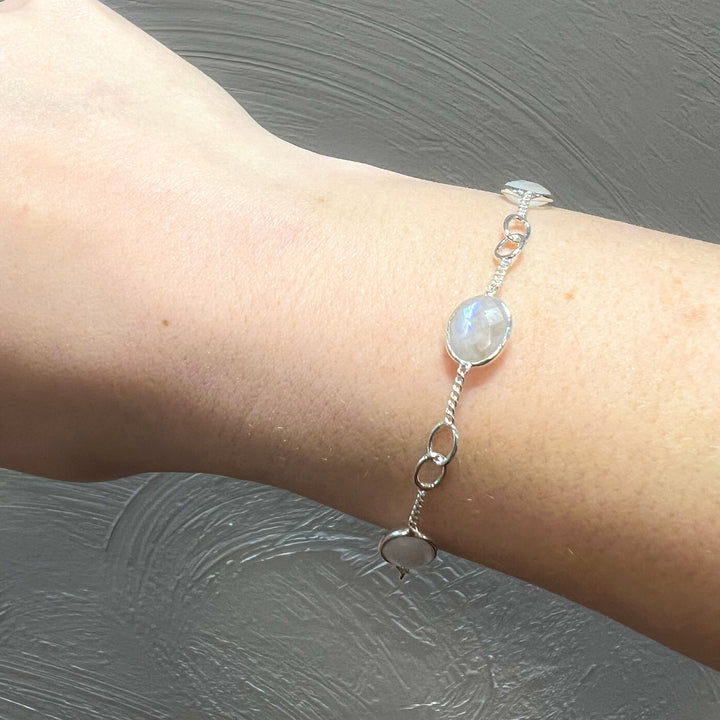 Cabochon Gemstones & Sterling Silver Link Bracelets - Aqua Chalcedony | Moonstone