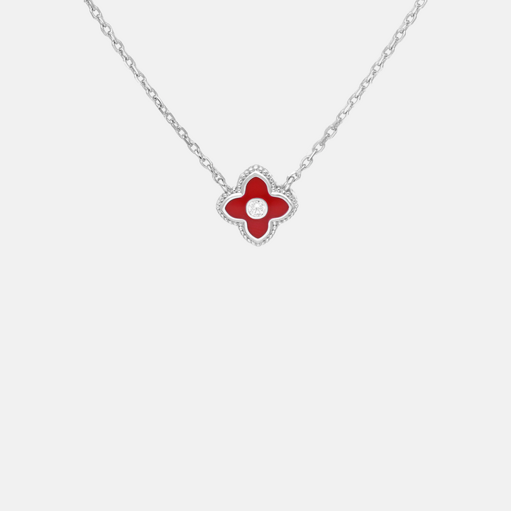 Enamel Flower Zircon Stone Sterling Silver Pendant Necklace - Black | Red | White