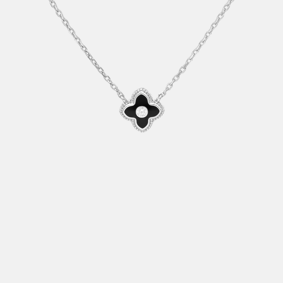 Enamel Flower Zircon Stone Sterling Silver Pendant Necklace - Black | Red | White