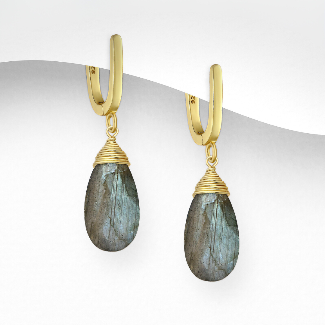 Olite Matt Gold Lock Drop Earrings - Iolite | Labradorite |Aventurine