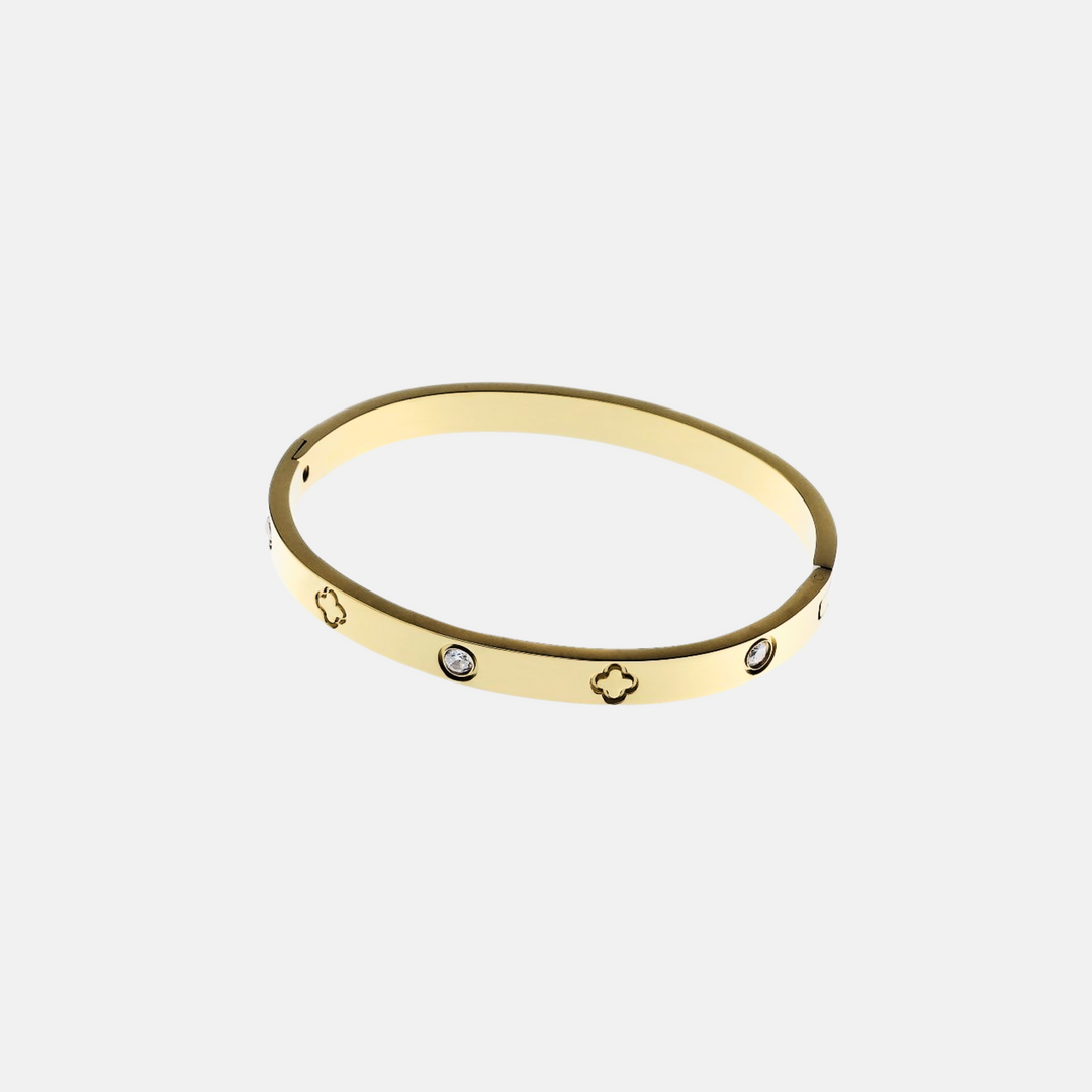 White Stone Clover Cuff Bracelet - Steel | Gold Steel